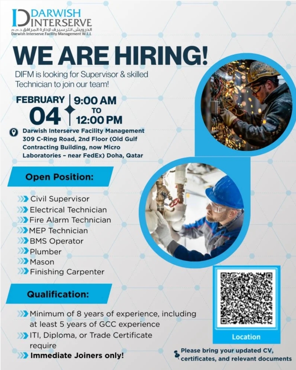 Walk in interview in Qatar for plumber, Mason,Finishing Carpenters, Technician and supervisor